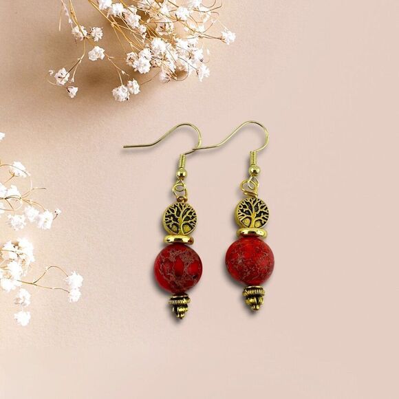 Red Imperial Jasper Earrings Sea Sediment Gemstones Gold Plated Earwires - Picture 1 of 9